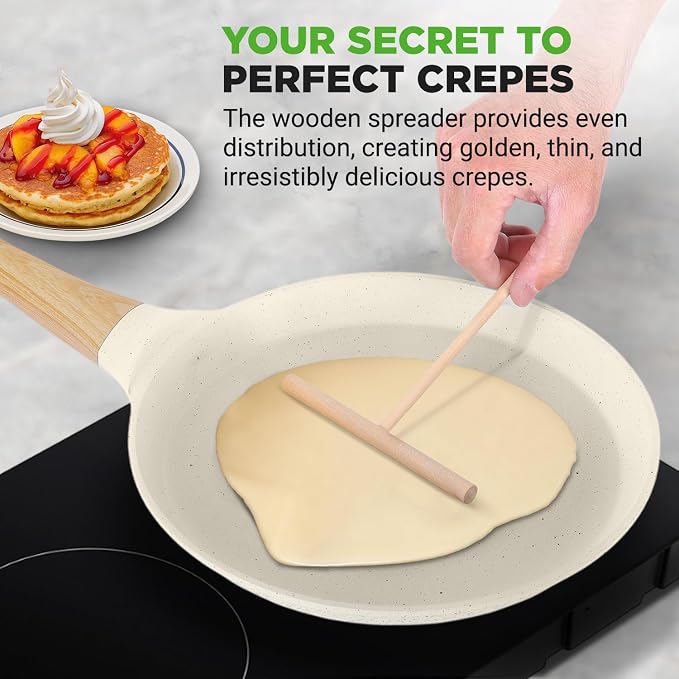 NutriChef 11” Non-Stick Crepe Pan with Wooden Spreader, Durable Marble Coated Tawa Pan for Roti Indian, Comal para Tortillas and Tacos With Induction Bottom, Round Griddle (White Cream Marble)
