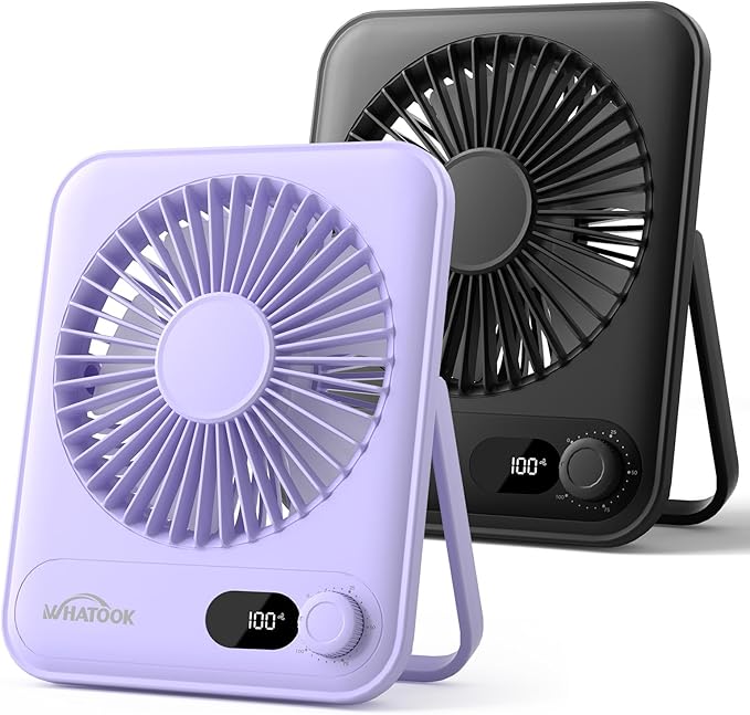 WHATOOK Desk Fan 2 Pack: 100 Speeds Stepless Control 5000mAh Battery Operated Portable Fan, Rechargeable Table Fan for Cruise Ship Essentials, Gift for Couples, Dorm, Office, Bedroom(Black and Purple)