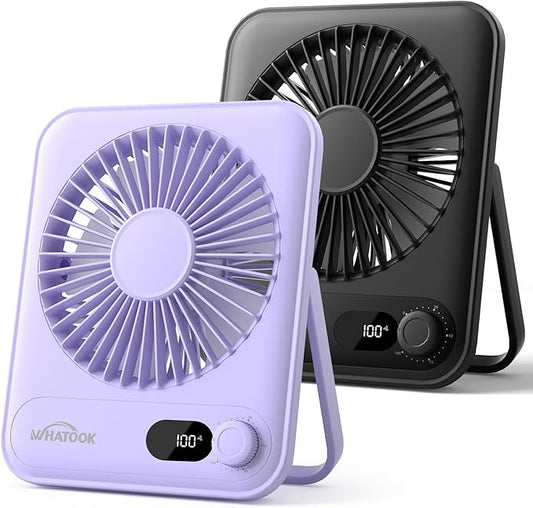 WHATOOK Desk Fan 2 Pack: 100 Speeds Stepless Control 5000mAh Battery Operated Portable Fan, Rechargeable Table Fan for Cruise Ship Essentials, Gift for Couples, Dorm, Office, Bedroom(Black and Purple)