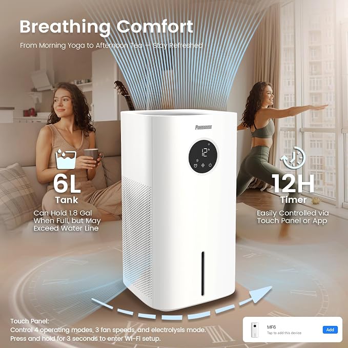 Powerscale MF6 Evaporative Humidifiers for Bedroom, 1.8 Gal Top-Fill, Up to 700mL/h Mist-Free Output, WiFi Smart Touchscreen Control, Auto Filter Dry, Electrolysis Self-Clean, Quiet Sleep Mode