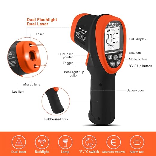 HOLDPEAK Pyrometer D:S=30:1, High Temp Infrared Thermometer -58℉~2732℉, Non-Contact Industrial Laser Thermometer Gun, Digital IR Temperature Gauge 2732 (NOT for Human)