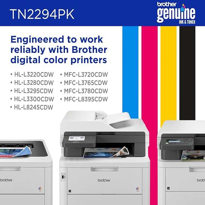 Brother Genuine TN2294PK Standard Yield 4-Pack Printer Toner Cartridges - Black, Cyan, Magenta, Yellow Toner Multipack