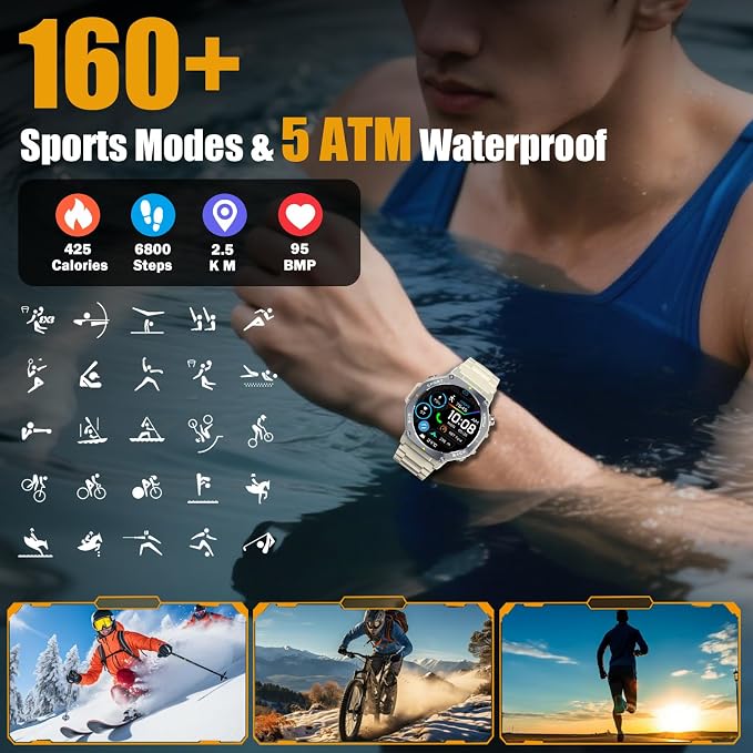 Jugeman Military Smart Watch for Men Answer Make Calls, 5ATM Waterproof Rugged Fitness Tracker with GPS, LED Flashlight, Compass, Heart Rate Sleep Monitor,1.43" AMOLED Display Smartwatch