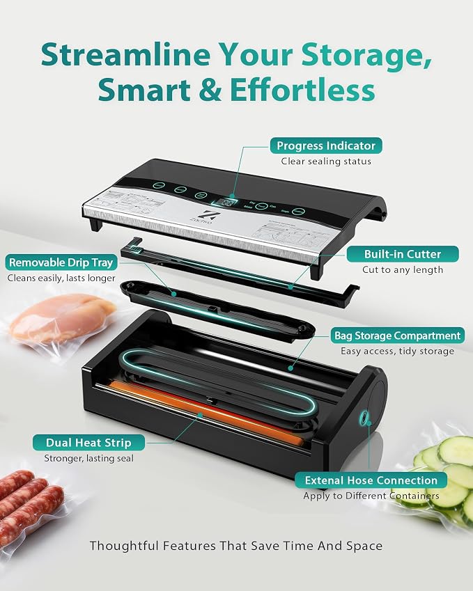 Vacuum Sealer for Food, 90kPa Auto Lock Food Sealer Machine, with Bag Rolls | Hands-free Auto Lock, 80+ Bags Continuous Sealing, 8mm Double Heat Seal for Moist Foods, Built in Cutter & Roll storage