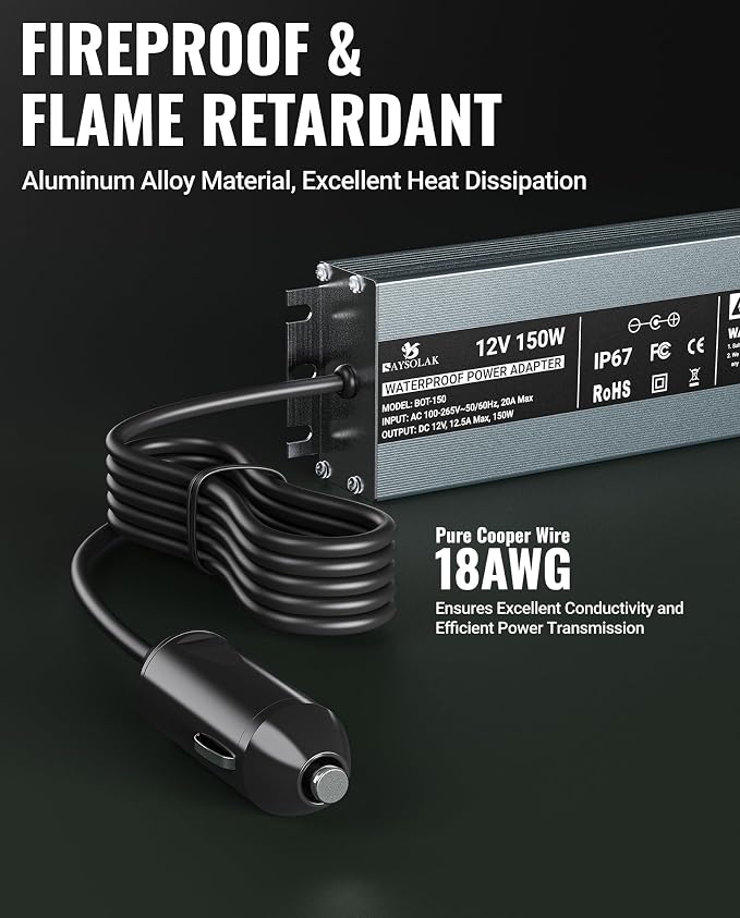 12V 12.5A Waterproof Power Supply for Green Mountain Grill Davy Crockett, Daniel Boone Prime/Plus, Jim Bowie Prime/Plus, Ledge, Peak, Trek, 18Ft Power Adapter Replacement for 12V GMG Grills