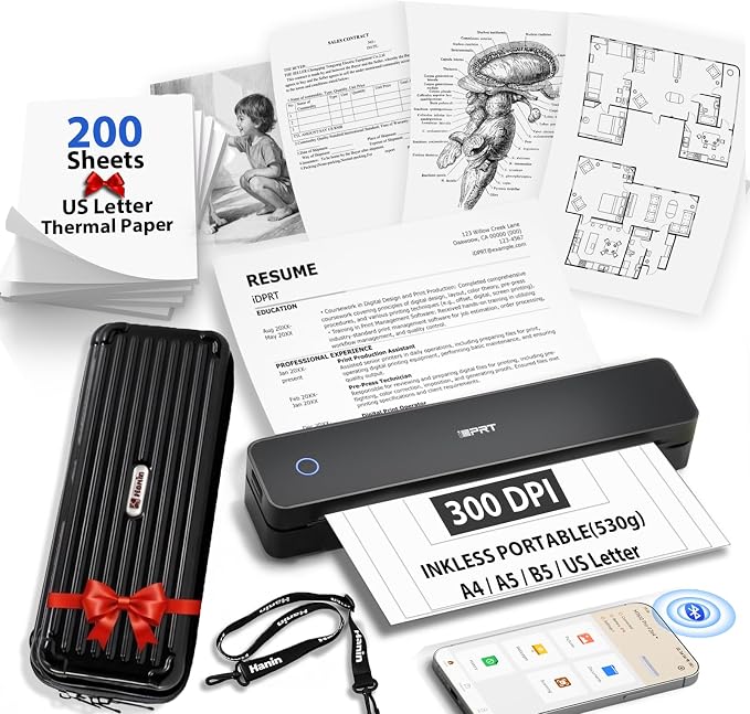 Inkless Portable Printer for Travel, Wireless Thermal Printer with Case & 200pcs Paper Supports 8.5 x 11" US Letter, A4, Small Bluetooth Printers for Phone Laptop Home Car School, 610Pro 300DPI Black