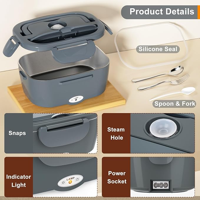 Akhia Electric Lunch Box for Adults, Heated Lunch Box for Men with 2 Stainless Steel Container, 1.5L Portable 80W Food Warmer Lunch Box 110V/12V/24V/240V for Car/Truck/Dad/Husband,Gift for Fathers Day