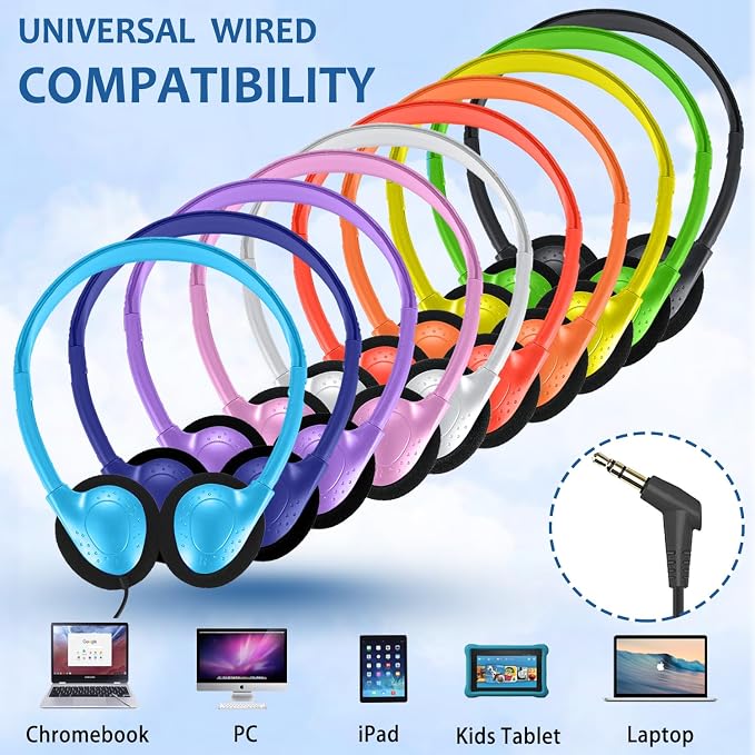 50 Pack Bulk Classroom Headphones for Kids Students School, Multi Color Wired Headphones for Kids Children, 3.5mm Jack for Chromebook Laptop PC Computer