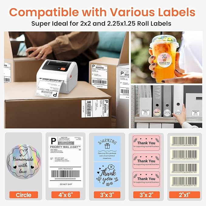 Bluetooth Shipping Label Printer with 3 Roll Labels, D450BT White Thermal Label Printer 4x6 for Small Business, Thermal Printers Come with 750PCS 4x6‬ White Labels (250 Labels/Roll)