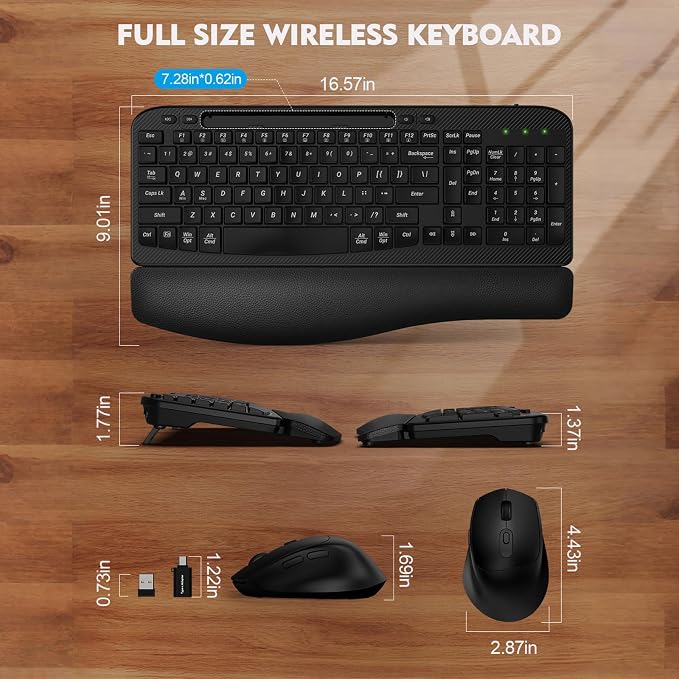 Wireless Keyboard and Mouse Combo, Full-Sized Ergonomic Wave Keys Keyboard with Memory Foam Wrist Rest & Phone Holder, 2.4G Quiet Keyboard Mouse Work Setup for PC Laptop, Office or Home (Black)
