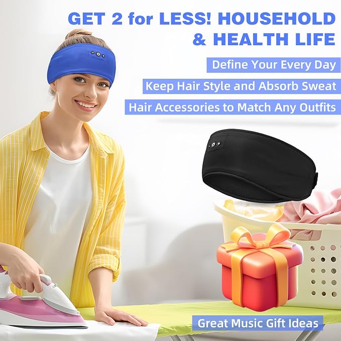 2-Pack Sleep Headphones Headband with Adjustable Hook and Loop, Bluetooth Headband Headphones for Sleeping Workout Running Yoga Gift