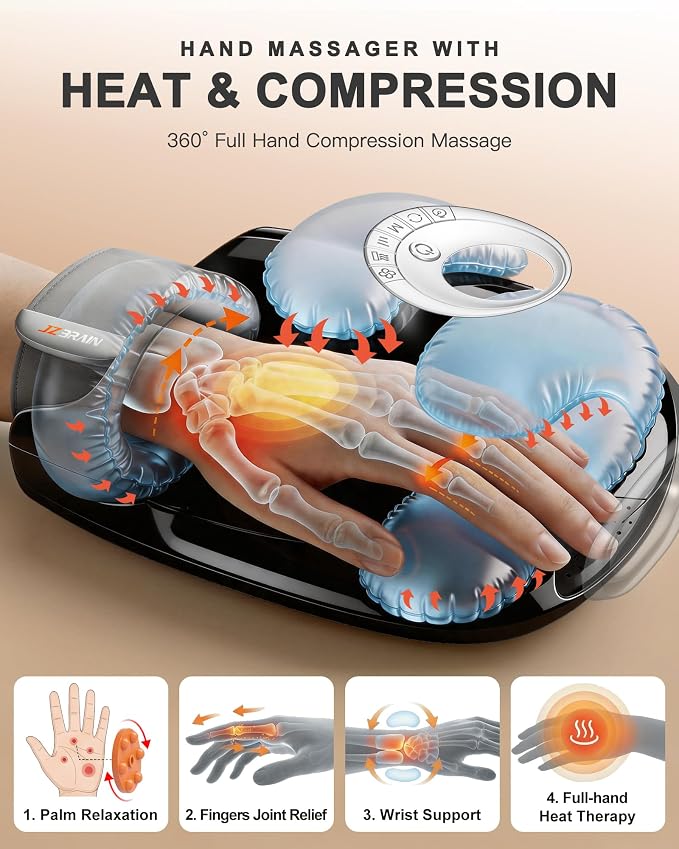 JZBRAIN Hand Massager with Heat and Compression : Full Hand & Wrist Massage, Cordless Electric Hand Massager with 6 Modes & 6 Intensities for Seniors, Office Daily Comfort & Relaxation (Black)