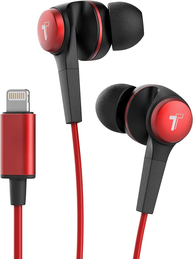 Thore iPhone Earphones (Apple MFi Certified) V120 in Ear Wired Lightning Earbuds (Sweat/Water Resistant) Headphones with Mic/Volume Remote for iPhone 12/13/14 Pro Max - Red