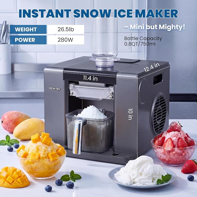 NEWTRY Snowflake Ice Machine 280W Shaved Ice Machine Automatic Snow Cone Maker Air Cooling Efficient Ice Crushing for Party Bar Home 110V (Black)