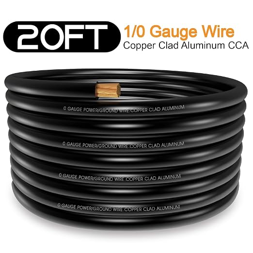 20FT 0 Gauge Wire,1/0 Battery Cable Copper Clad Aluminum,10pcs Lugs Terminal Connectors with 3:1Heat Shrink Tube for Power/Auto,Amplifier,Ground Cable