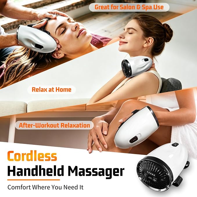 Professional Barber Handheld Massager, Cordless Vibration Massage Tool with 5 Speeds & 5 Modes, Wearable Palm Strap Design for Neck, Shoulders, Arms, Legs, 2600mAh Type-C Rechargeable, White