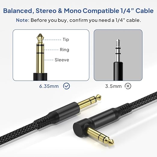 Elebase 1/4 Inch TRS Instrument Cable 3.3ft 2-Pack,Right-Angled to Straight 6.35mm Male Jack Stereo Audio Cord,6.35 Balanced Interconnect Line for Electric Guitar,Bass,Keyboard,Mixer,Amplifier,Speaker