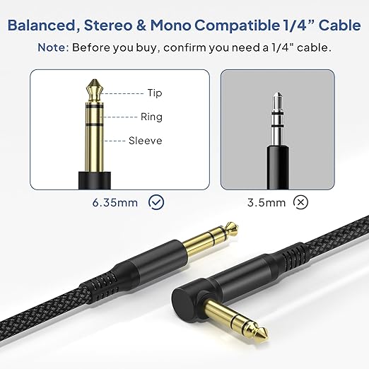 Elebase 1/4 Inch TRS Instrument Cable 30ft 2-Pack,Right-Angled to Straight 6.35mm Male Jack Stereo Audio Cord,6.35 Balanced Interconnect Line for Electric Guitar,Bass,Keyboard,Mixer,Amplifier,Speaker