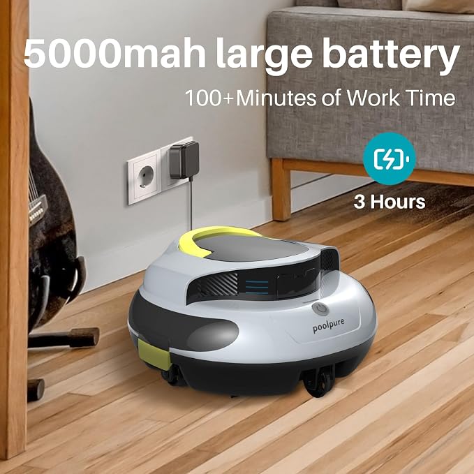 PoolPure Aquaguard SE II 2025 Cordless Robotic Pool Cleaner with 5000mAh Large Battery, 120-Min Operating Time, Adjustable Path Options for Above-Ground Pools and More (Grey-Yellow)