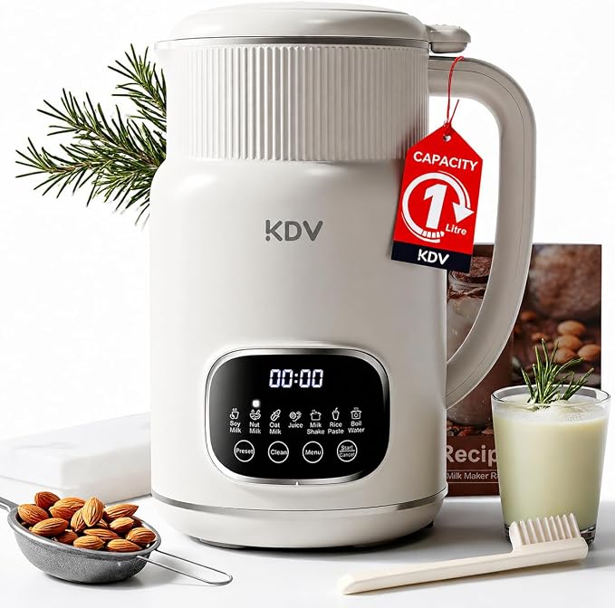 KDV Nut Milk Maker Machine, 8-in-1 Multifunction Soy Milk Maker with Stainless Steel, Homemade Soy, Almond, Oat, Coconut, Plant Based & Non-Dairy Beverages, 24H Delay Start, Keep Warm, Auto Clean