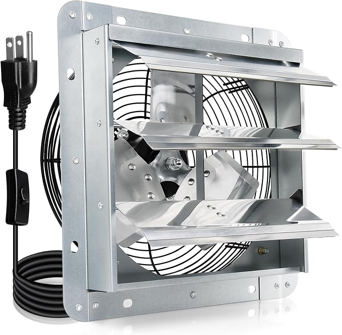 Hiorucet Upgraded 7 Inch Shutter Exhaust Fan for Garage, Greenhouse, Shop, Attics, Chicken Coop, Shed, Basement, 760CFM 1600RPM Low Noise Wall Mounted Louvered Exhaust Fan with 1.8 Meters Power Cord.
