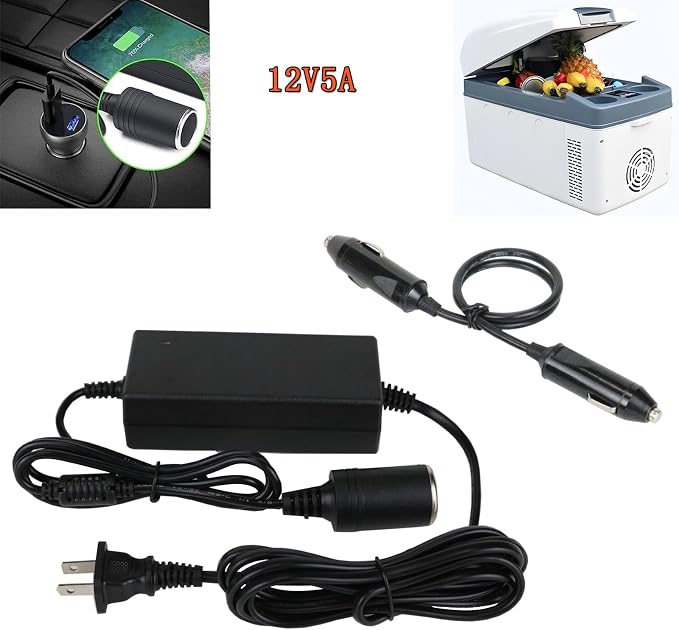 12V 5A Car Power Adapter ，Power Adaptor Plugs into Outlets，Power Supply Adaptor for Coleman Thermoelectric Hot/Cold Cooler，for Camping Home Office Dorm or Vehicle Use，with Male to Male Extension Cord