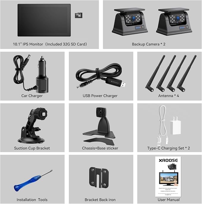 10.1" Dual Magnetic Solar Wireless Backup Camera, Touch DVR Monitor | 15000mAh Rechargeable Battery, 4-Channel Expandable System, Type-C Fast Charging, RV Trailer Camper Fifth Wheel Compatible