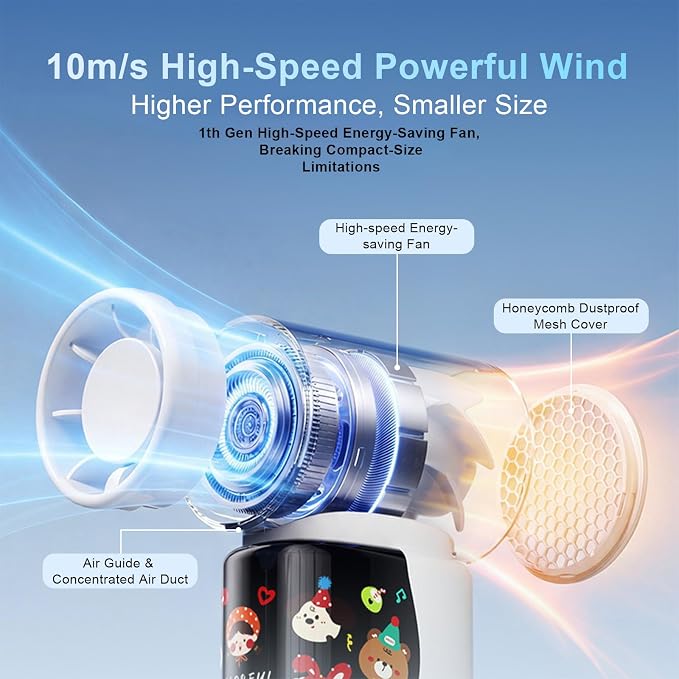 R-fun 2026 Mini Handheld Fan, 18000 RPM High-Speed Turbo Personal Fan with 100 Adjustable Speeds, Flexible Curved Color Screen, Portable Pocket Fan for Travel, Office, Outdoor - Cute Cartoon Design