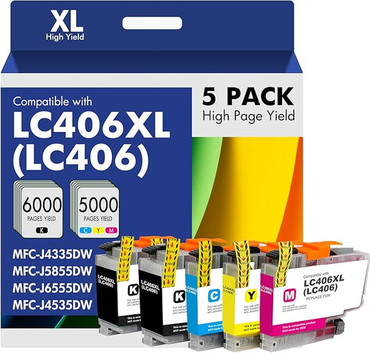 LC406 LC406XL Ink Cartridges for Brother Printer for Brother LC406 Ink Cartridges MFC-J4335DW MFC-J5855DW MFC-J6555DW MFC-J4535DW MFC-J6955DW (5Pack -2Black Cyan Magenta Yellow)
