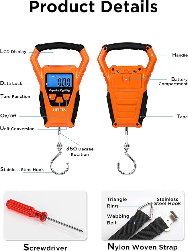 HEETA Waterproof Fish Scale Digital with Backlit LCD Display, 110lb/50kg Portable Hanging Scale Fishing Scale for Home and Outdoor, Measuring Tape and 2 AAA Batteries Included