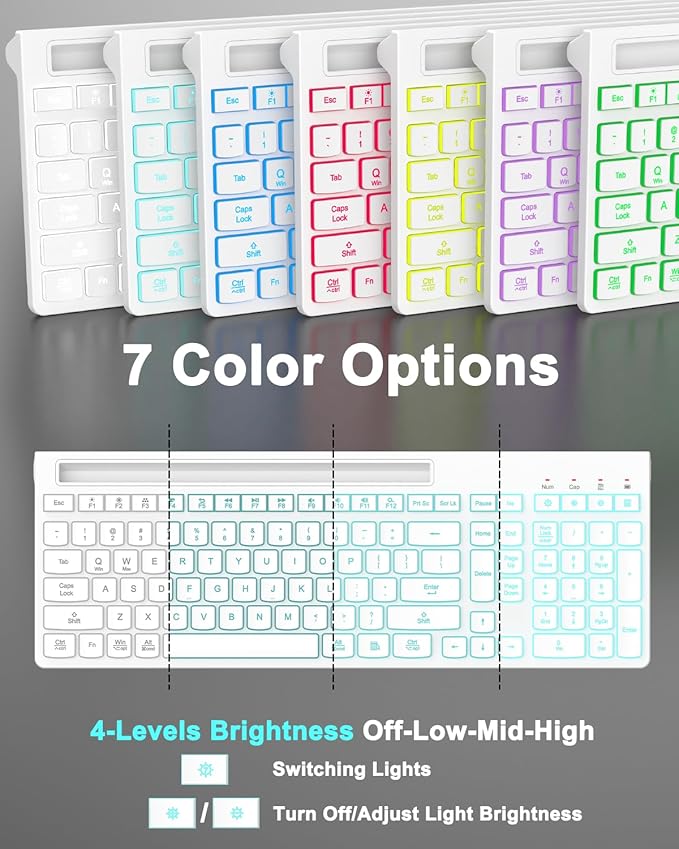 Wireless Keyboard and Mouse Combo, 7 Backlit Effects, Light Up Letters, Rechargeable, Phone Holder, 6 Button Mouse, Ergonomic Tilt Angle, 2.4GHz Silent USB Keyboard Mouse for Laptop, PC