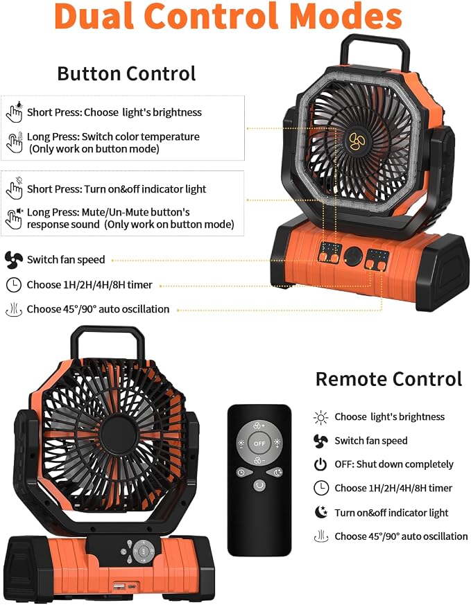 ADUST Camping Fan - 20000mAh Battery Powered Fan Battery Operated Rechargeable Portable Outdoor Tent Fans with Hanging Hook, Cordless, 4 Speeds, Remote Control - Orange