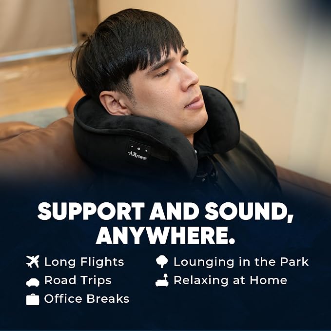Bluetooth Music Neck Pillow Plus+ Thicker Support Wireless Bluetooth Speaker Suitable Airplane,Train,Car,Office,Outdoor Camping for Sleeping, Resting The Best Travel Essentials. (Black)