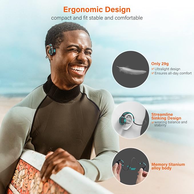 Bone Conduction Headphones Swimming Headphone - IP68 Waterproof Open Ear Headphones with MP3 Play 32G Memory Inductive Wireless Bluetooth Sports Headset for Running Swimming (Blue)