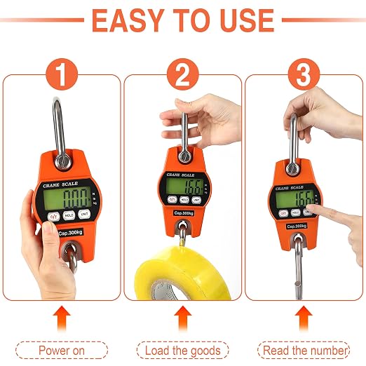 660lb/300kg Digital Crane Scale - Compact LCD Handheld Hanging Scale for Garage, Farm, Hunting, Fishing & More(300kg/Aluminium Alloy/Orange)
