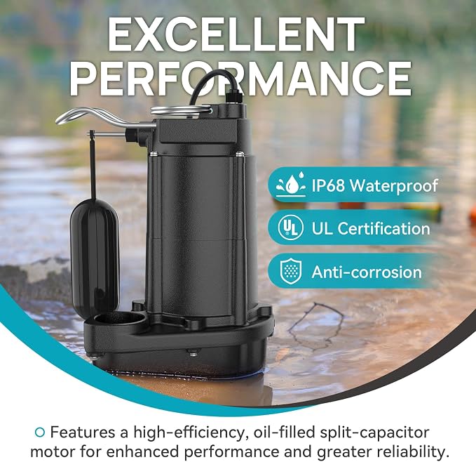 1/2 HP Sewage Pump, Cast Iron Effluent Pump, Automatic Float Switch, Sewage Sump Pump for Sump Basin, Basement, Residential Sewage, 2'' NPT Discharge, Dark