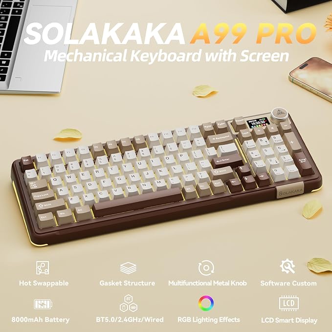 SOLAKAKA A99 Pro Mechanical Keyboard with LCD Screen & Metal Knob, Wireless Gaming Keyboard with BT5.0/2.4GHz/USB-C, Hot Swappable Creamy Keyboard, Gasket Structure, RGB Backlit, for Win/Mac