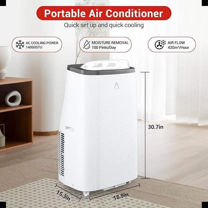14000 BTU Portable Air Conditioners, 4-in-1 Cooling, Dehumidifier, Fan and Sleep, Quiet Operation, Remote&24H Timer, Window Kit, Cools Rooms up to 750 Sq.Ft, for Bedroom, Office