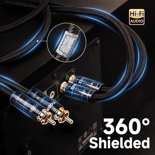 TODN 6.5ft HiFi Silver-Plated RCA Audio Cables Audiophile Dual Shielded | 2-core Silver-plated-OCC+2-core-OCC, 24K Gold-plated Plug, Carbon Fiber Shell, RCA to RCA, Left and Right Channel