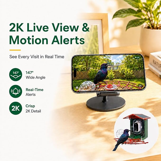 Bird Feeder with Camera, 2K HD 147° Wide Angle, Live View, Solar Powered, IP65 Outdoor, 2.4GHz Wi-Fi, Night Vision, Motion Alerts, Local Storage, AI Bird ID 10,000+ Species, Family Sharing