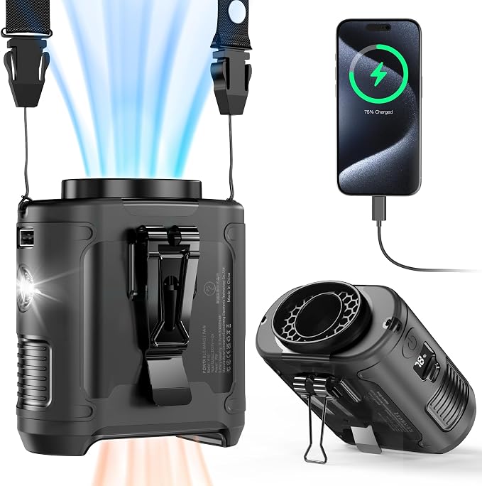 10000mAh Portable Waist Fan, Father Day Gifts for Husband Dad, Blue Collar Worker Belt Clip Fan with Light, Essentials for Camping Gardening, 40H 16000RPM Rechargeable Cooling Gadgets for Men 2026