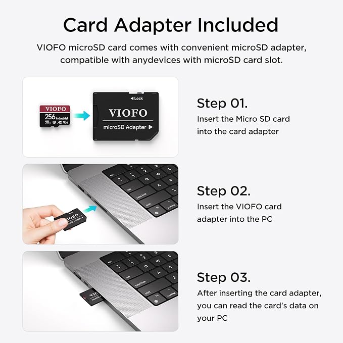 VIOFO 256GB Industrial Grade High Endurance microSDXC Card for Dash Cam & Security Camera, U3 A2 V30, up to 100MB/s, 4K UHD & Continuous Loop Recording, High Temperature Resistant, Adapter Included