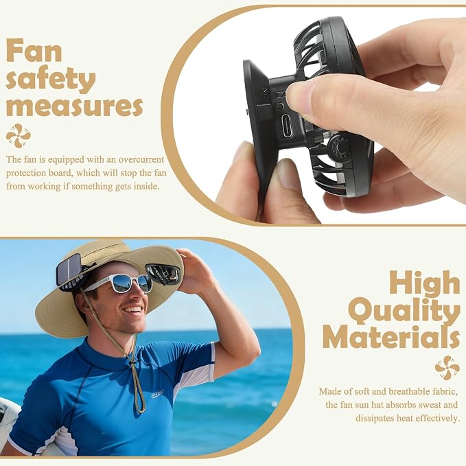 Berlune Sun Hat with 2 Solar Fan Wide Brim Fishing Bucket Hat USB & Solar for Men Women UPF 50+ Cooling for Fishing Beach