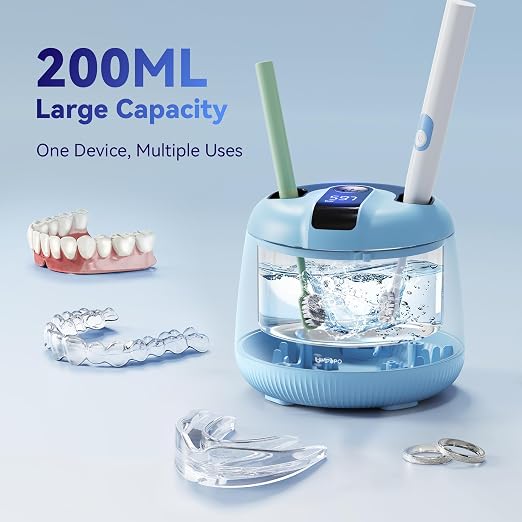 Ultrasonic Retainer Cleaner Machine 48kHz, Dental Cleaning Pod, Ultrasonic Retainer Cleaner for Dentures, Aligners, Mouth Guards, Toothbrush Heads and Jewelry with 200ML Capacity, LAB Supply | Gentle cleaning action works well on mouth guards, toothbru...