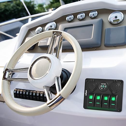 Nilight 4Gang Rocker Switch Panel with USB Charger Voltmeter and Cigar Lighter 12V 24V Toggle ON Off Green Night Glow Stickers for Cars Rvs Trucks