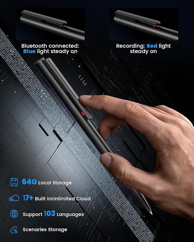 AI Voice Recorder Pen with App Control, 64GB Note Sound Recorder with Transcribe, Mind Mapping & AI Summary, Supports 103 Languages, Audio Activated Recorder for Lectures, Meetings, Calls