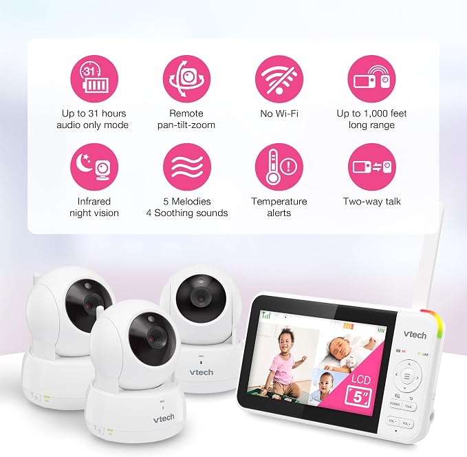 VTech Baby Monitor No WiFi, 3 Cameras & Remote Pan-Tilt-Zoom for 3 Rooms – Hack-Proof, 17Hr Battery, 1000ft Range, Auto Night Vision, Temperature Sensor | VM924-3