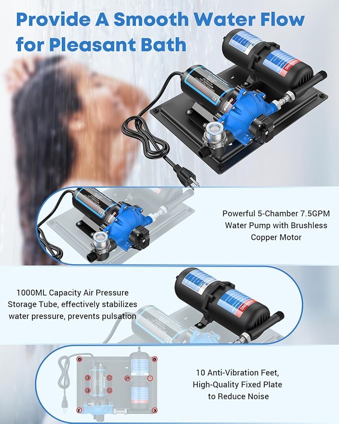 Kohree RV Water Pump 110V AC 7.5GPM 70PSI and 1L 125PSI Pre-Pressurized Accumulator Tank, Quiet Water Transfer Pump and Accumulator Tank System for Home Use, RV, Boat, Kitchen, Bathroom, Irrigation