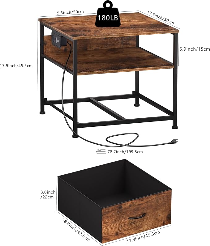 Unionly 180 lb Mini fridge Table with Drawer fridge Shelf, Smal fridge cabinet with storage,Heavy Duty Mini Fridge Standwith Charging Station, 4 Adjustable Feet for Home Kitchen Rustic Brown