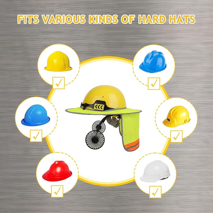 Hard Hat Sun Shade with Rechargeable Fan, Full Brim Visor Cooling Kit with Detachable Neck Fan for Construction Worker Men Women Outdoor Safety Helmet Accessories (No Lights)